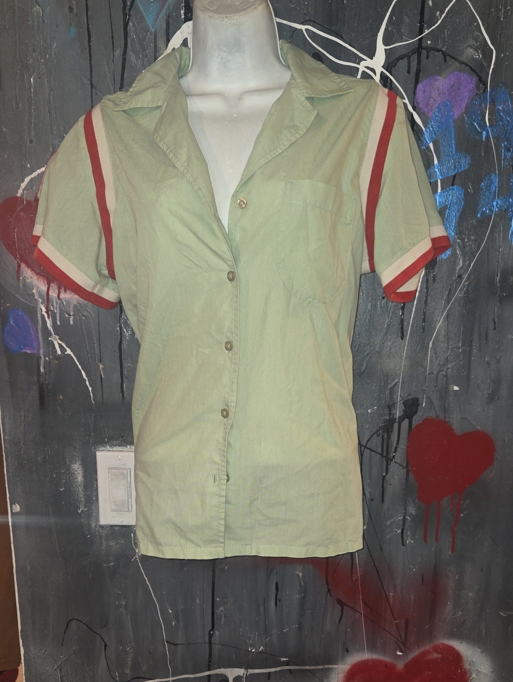 BDG Light Green Short-Sleeve Button-Up Shirt with Red Stripe Trim